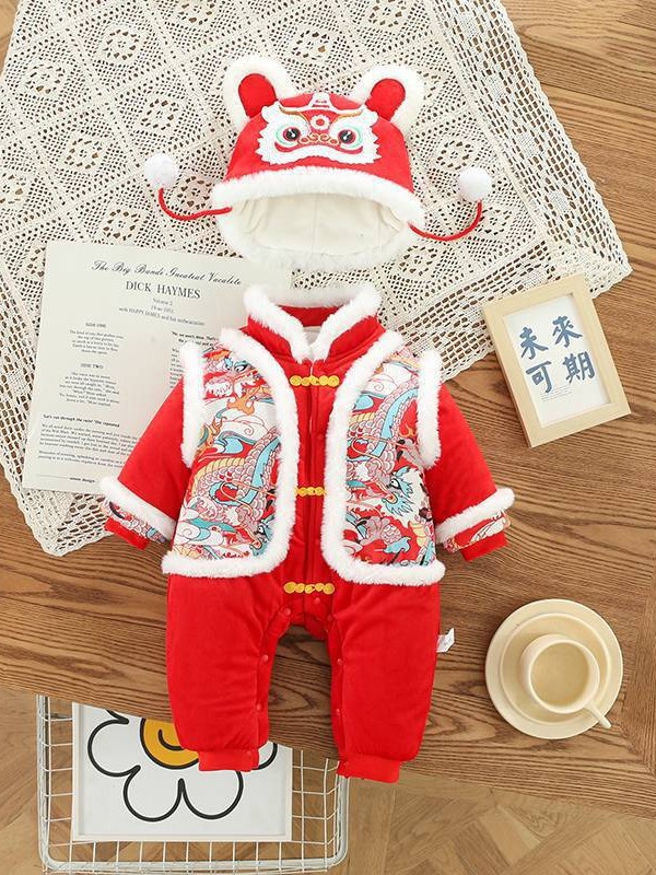 Ropa de bebé gruesa de algodón acolchado ropa de bebé infantil forrada de vellón engrosada festiva ropa de felicitación de Año Nuevo del bebé estilo nacional dragón imagen patchwork manga mameluco