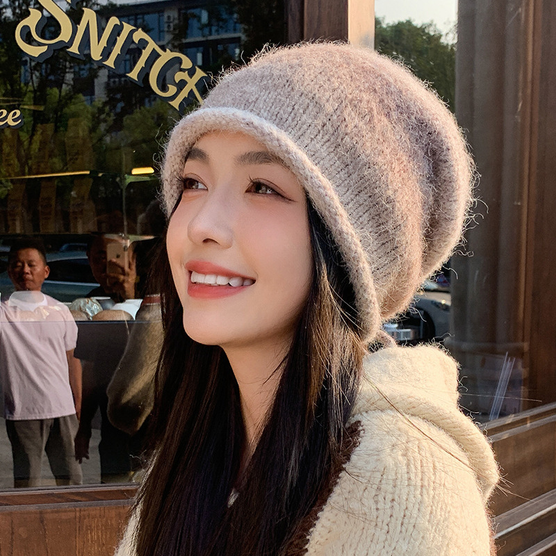 秋冬渐变针织帽子女多巴胺显脸小护耳大头围保暖抽绳堆堆毛线帽子|undefined