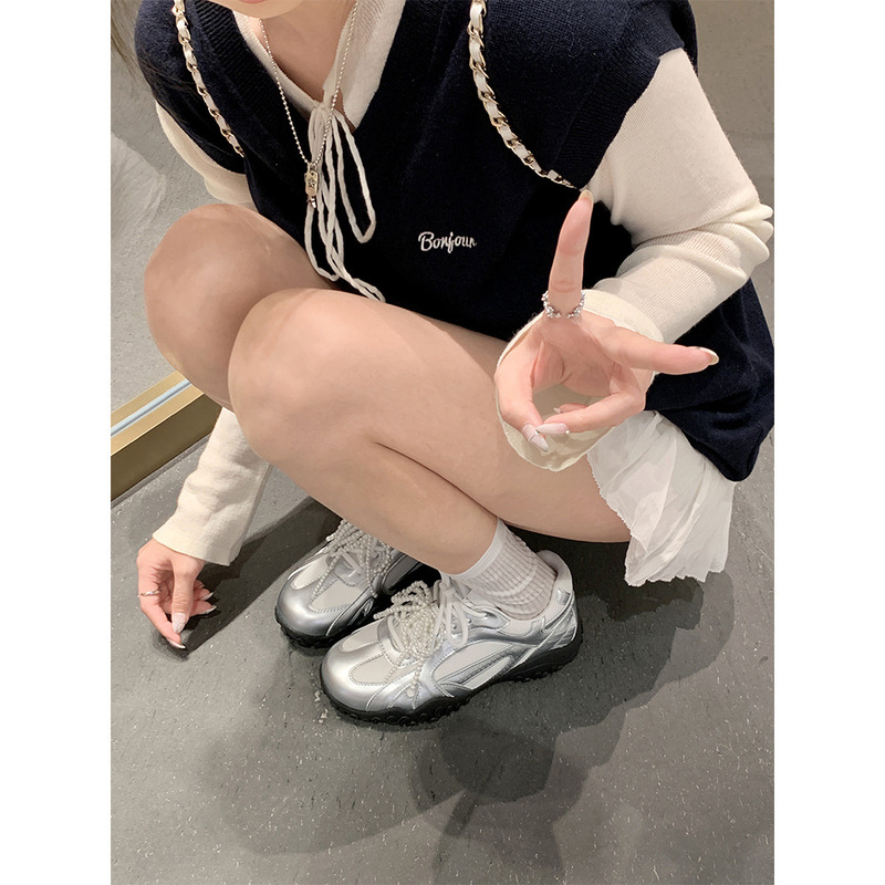 牛皮版葡萄妈原创月牙底蕾丝珍珠带休闲运动鞋厚底阿甘鞋女德训鞋|undefined