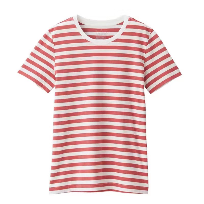 Japanese Unstamped shirt Ichiban Cotton stripe Female models summer Short sleeved lady Simplicity New products
