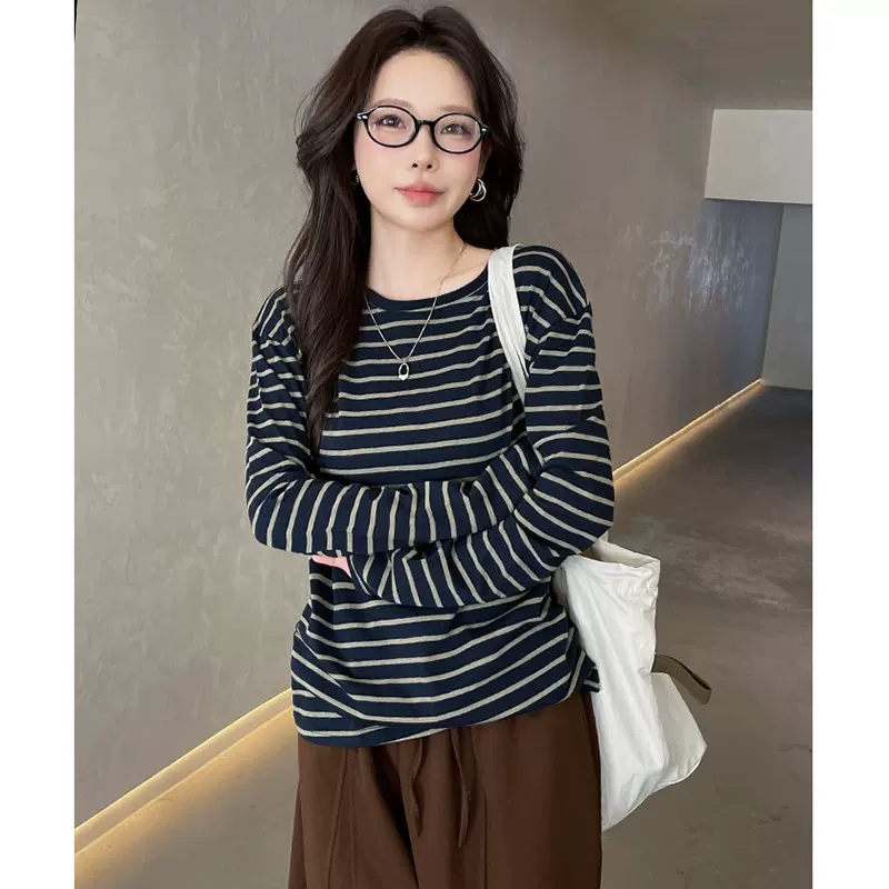 韩系复古撞色条纹长袖t恤女秋季2025新款圆领宽松慵懒感打底衫