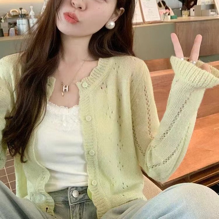 Spring and Autumn Style Hollow-Out Short Knitted Cardigan for Women, Cute and Sweet Style, Loose Fit, Slimming, Versatile, Thin Long-Sleeve Top for Summer Spring and Autumn Style Hollow-Out Short Knitted Cardigan for Women, Cute and Sweet Style, Loose Fit, Slimming, Versatile, Thin Long-Sleeve Top for Summer