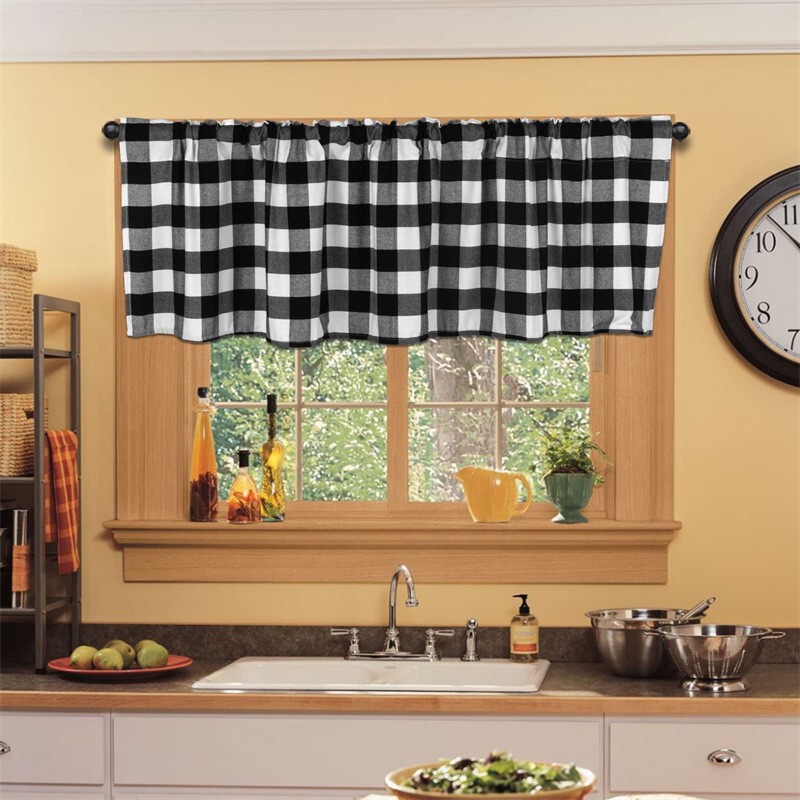 Cross-Border Amazon Best-Selling Black and White Plaid Door Curtain Small Curtain Blackout with Half Window Suitable for Home Kitchen Cabinets