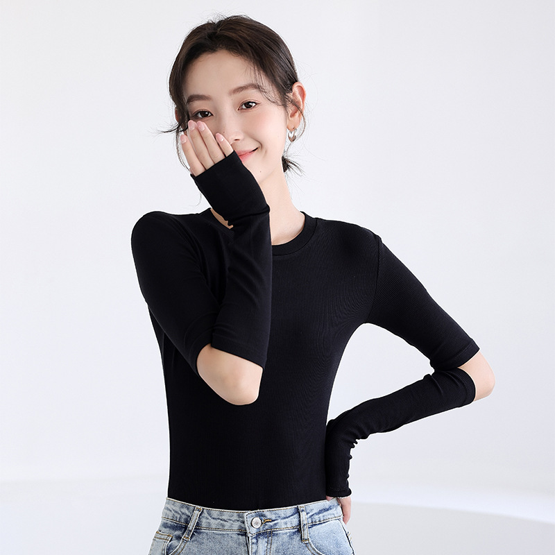 Black Ribbed Base Shirt for Women, Long-Sleeve T-Shirt, New Fashion Autumn and Winter Round Neck Elbow-Length Fitted Top for Women