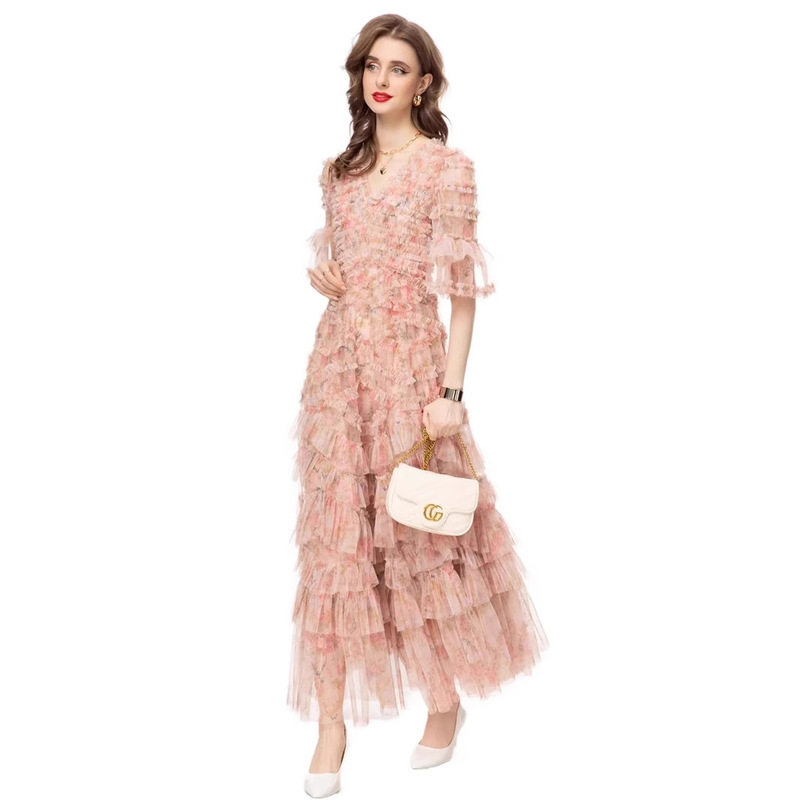 2025 Fairy Pink V-Neck Mesh Dress Puff Sleeve Multi-Layered Ruffle Cake Long Dress for Women