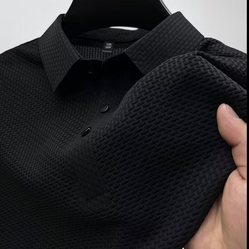 Venta directa de fábrica de malla de verano seda de hielo camiseta de manga corta cuello de camisa de hombre fresco barato transpirable polo media manga