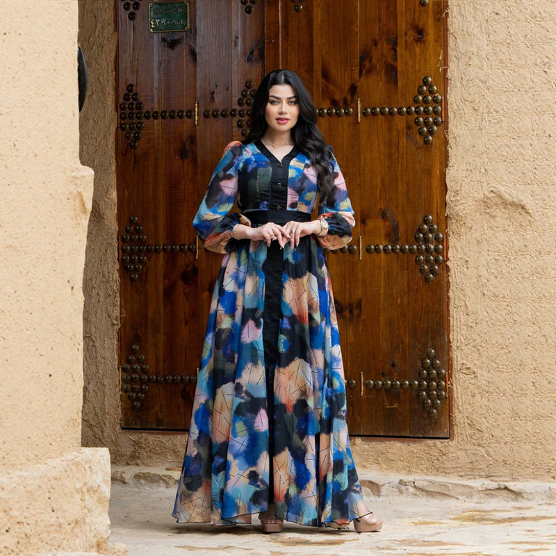 Ky1339 Cross-Border Women's Spring and Summer Elegant Tie-Dye Printed Lantern Sleeve Slit Maxi Dress Casual Long Dress Ky1339 Cross-Border Women's Spring and Summer Elegant Tie-Dye Printed Lantern Sleeve Slit Maxi Dress Casual Long Dress