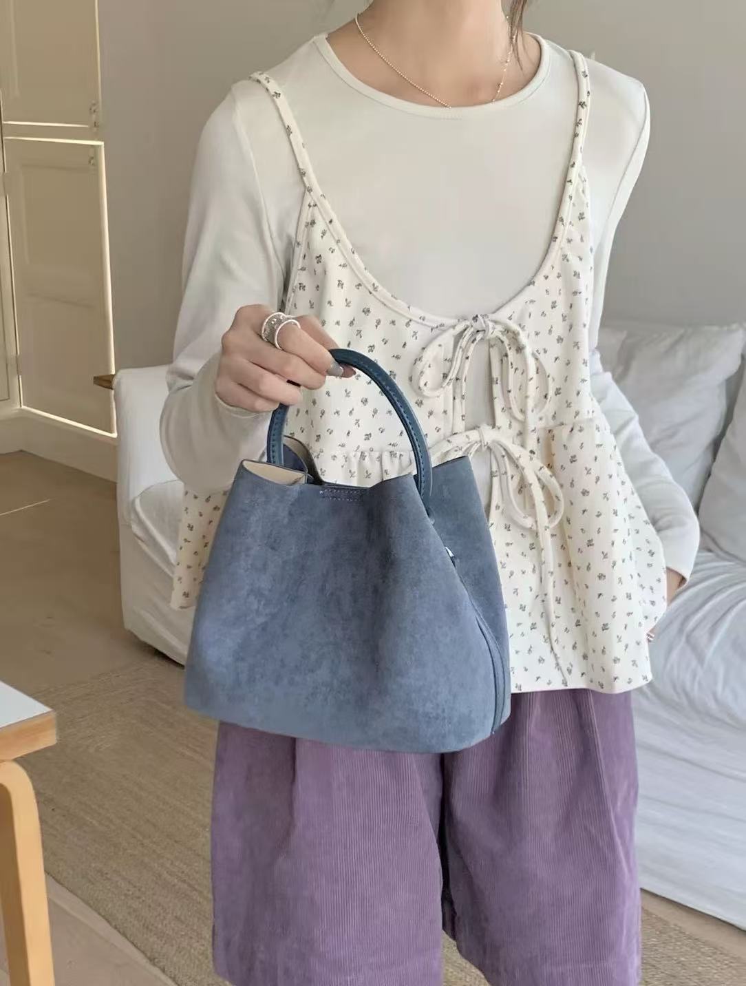 Suede Effect Magnetic Snap Handle Bucket Bag 18