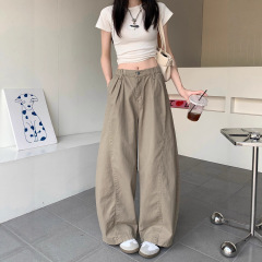 美式复古卡其色弯刀裤做旧牛仔裤女夏季显瘦百搭宽松阔腿裤长裤子