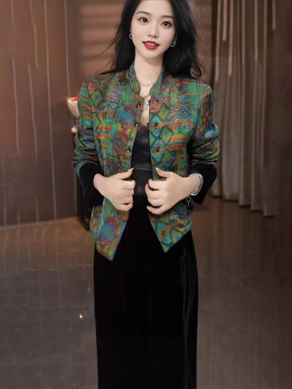 新中式国风印花盘扣黑色丝绒外套女2025新款气质双面穿宽松上衣|undefined