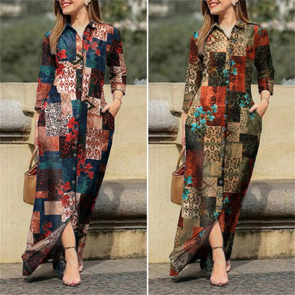 Women's holiday leisure lap lapel long flower printed cotton dress