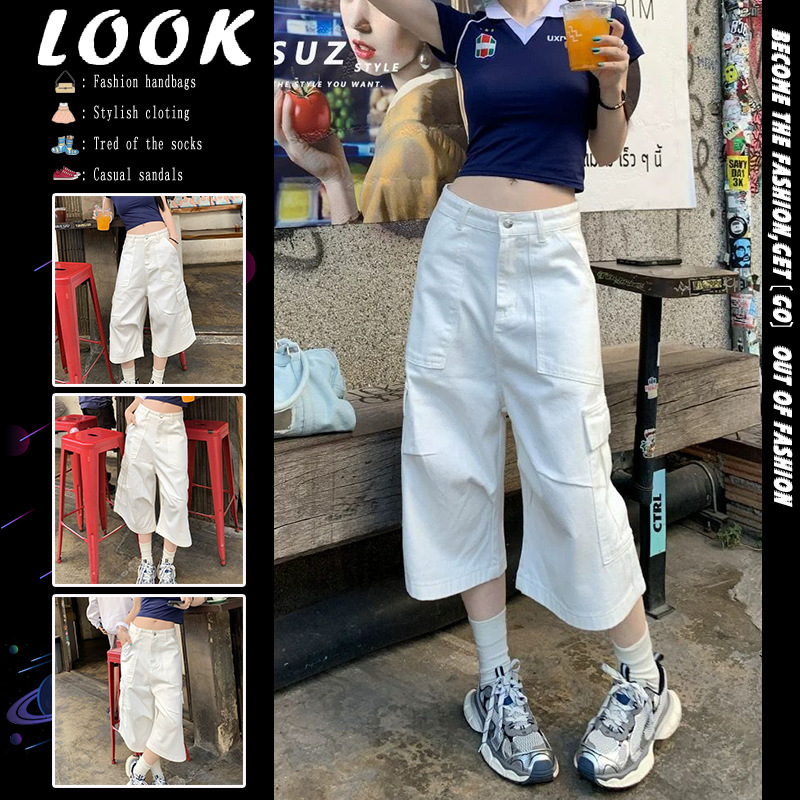 White Workwear Cropped Wide-Leg Denim Shorts for Women, Summer Thin Loose Slimming Multi-Pocket Casual Straight Mid-Length Shorts