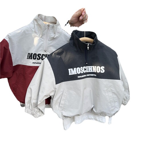  Autumn Children's American Style Colorblock Waterproof Jacket for Boys and Girls with Stand-up Collar, Letters, Retro Windproof Outerwear