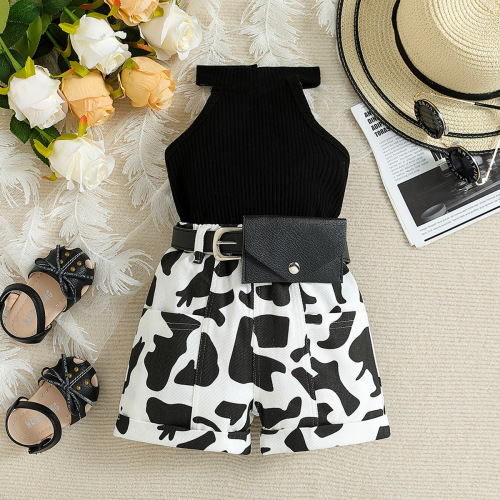 New style children's clothing for export trade, summer clothes for girls, ins, summer set for girls, strapless shirt with stripes, shorts, waist bag, 2-piece set 