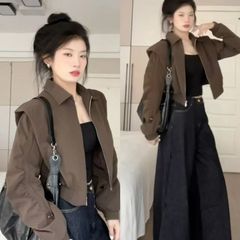 深棕色短款翻领夹克外套女春秋港风复古小个子穿搭显瘦慵懒棒球服