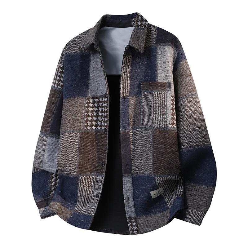 Wool Blend】Japanese Retro Woolen Fashion Brand Plaid Shirt for Men, Long Sleeve, Spring and Autumn, Korean Style Casual Jacket Wool Blend】Japanese Retro Woolen Fashion Brand Plaid Shirt for Men, Long Sleeve, Spring and Autumn, Korean Style Casual Jacket