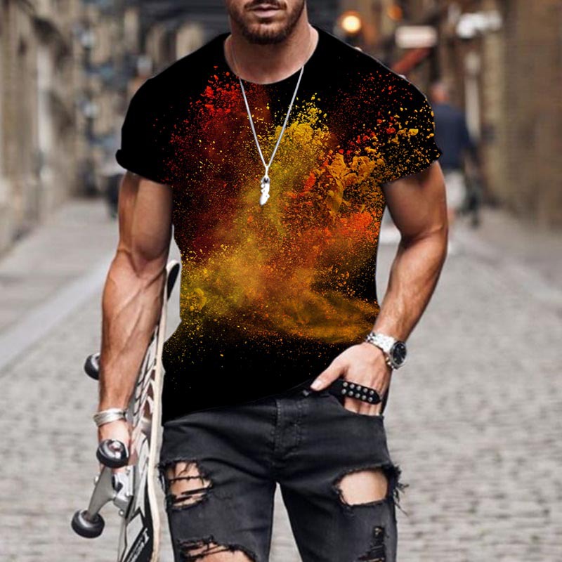 厂家直销 彩色粉末图案短袖半袖休闲烟雾3D印花T恤个性宽松衣服