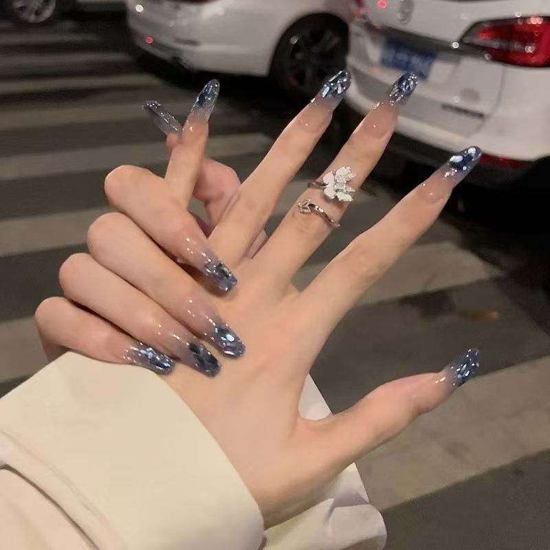 [Ice Blue Aurora] Handmade Wearable Nails Ice Transparent Pure Desire Light Luxury Style Manicure Removable Fake Nails Finished Patch