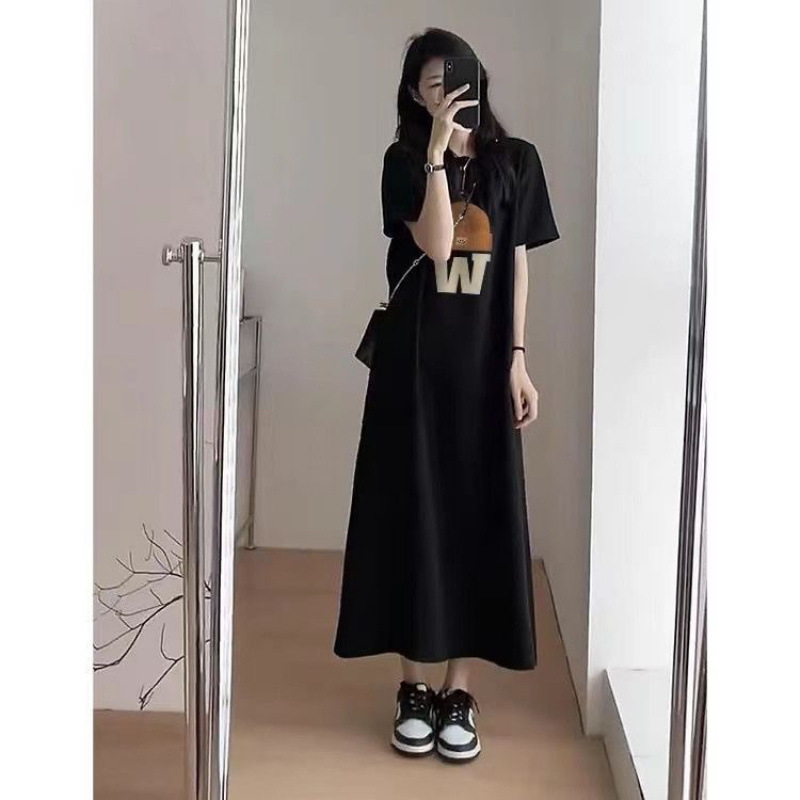高级感气质连衣裙夏季女装短袖长款T恤过膝长裙胖mm宽松大码遮肉