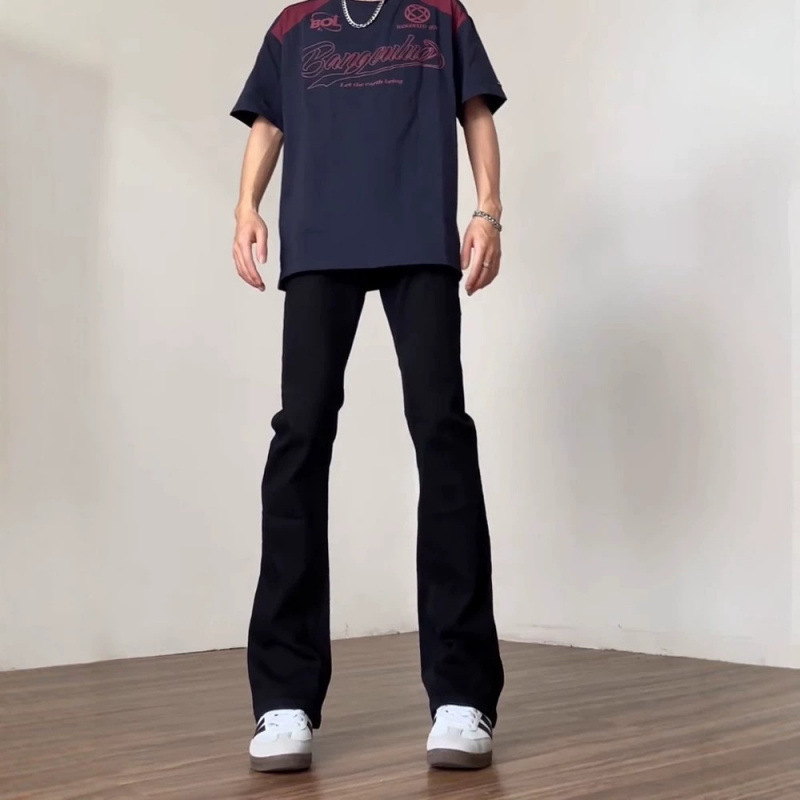 Black curved hem jeans, men's spring/autumn cleanfit American vibe style high street slim fit flared pants