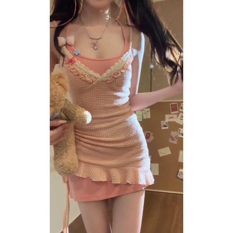 日系甜美纯欲少女蕾丝花边抽绳显瘦不规则吊带裙叠穿连衣裙女套装