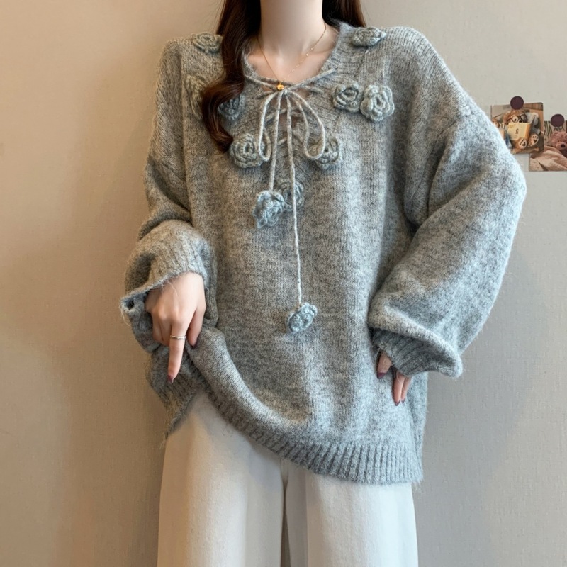 法式立体花朵抽绳V领软糯毛衣女秋冬季新款软糯慵懒宽松针织上衣|undefined