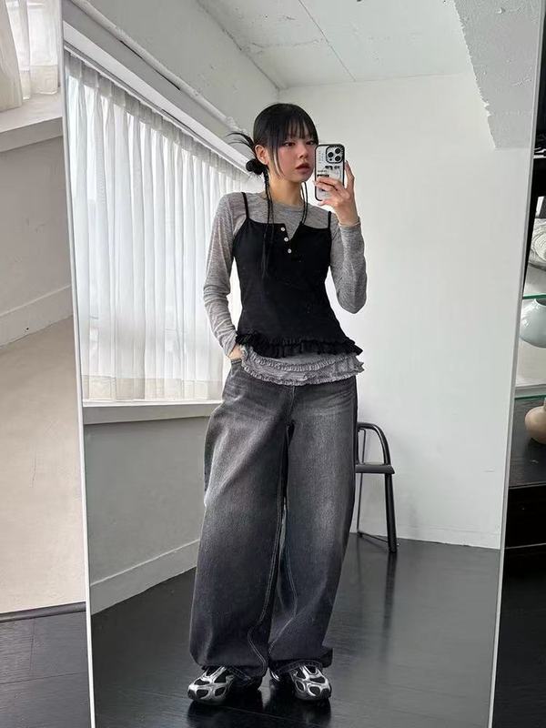 梵思羽秋冬新品纹理宽松牛仔裤男女同款水洗阔腿裤刺条纹轻奢面料|undefined
