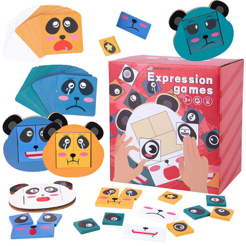 Educación temprana para niños Panda expresión facial cara cambiante bloques de construcción rompecabezas tridimensional bloques de construcción batalla cubo a juego juguetes de madera image 5
