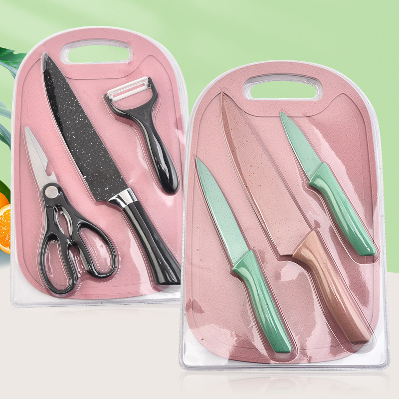 Paja de trigo pintada en pulverización de acero inoxidable doble cara succión con placa de cocina set cuchillo de cocina de piedra de arroz set cuchillo de cocina set de cuatro piezas