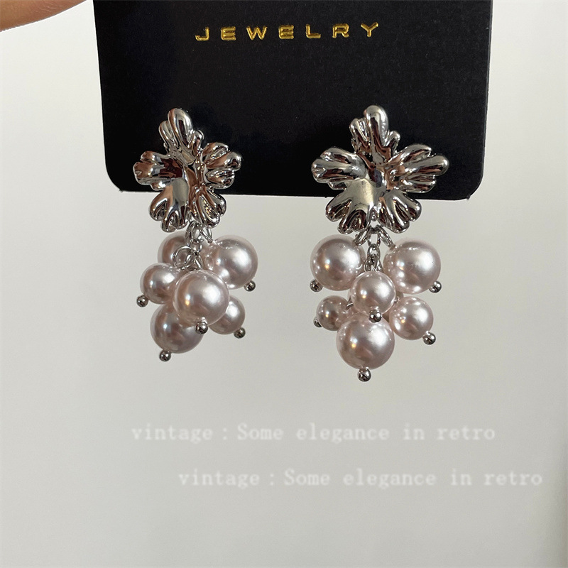 Rose-colored Grape Cluster Pearl Tassel Earrings For Women_voghion.com