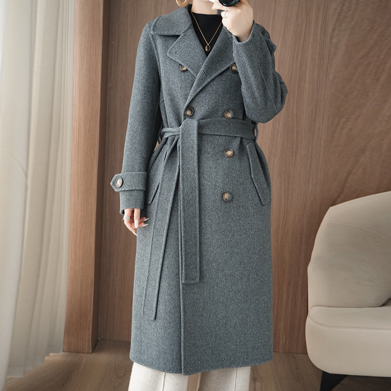 Hepburn-Style Double-Breasted Wool Coat with Belt, Double-Sided Wool, Thick Cocoon-Shaped Double-Sided Woolen Coat for Women, Autumn and Winter, Elegant Style