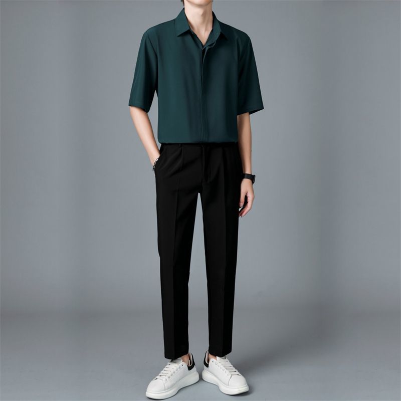 Men's Summer High-grade Non-ironing Ice Silk Short-sleeved Casual Shirt Two-piece Set of Trendy suit Loose Pants