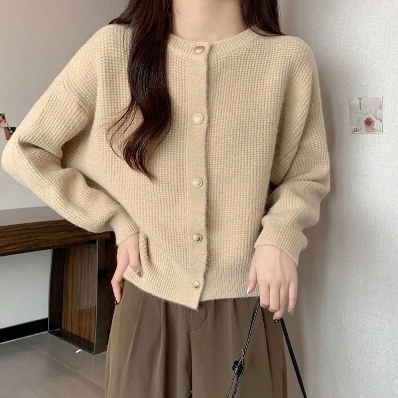休闲百搭圆领针织外套女新款小香风温柔气质短款上衣加厚毛衣开衫|undefined