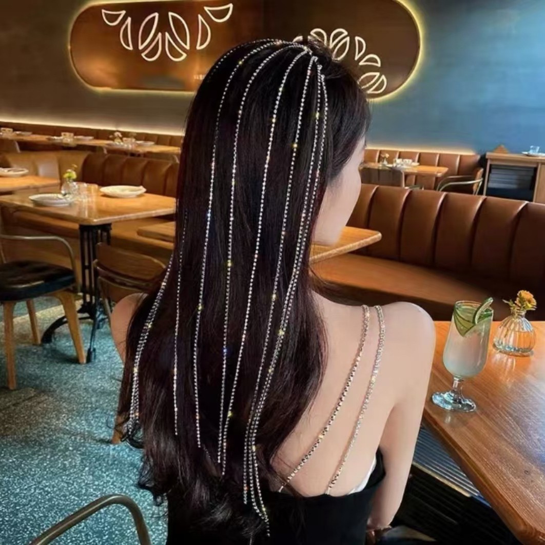 Factory Direct Supply Cross-Border Long Tassel Rhinestone Hair Chain Headband Street Style Internet Celebrity Trendy Personality Popular Hair Accessory