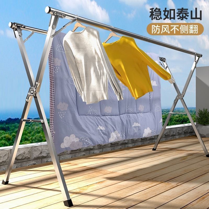 Stainless Steel Clothes Drying Rack Floor-Standing Foldableing Indoor and Outdoor Clothes Drying Rack Double-Pole Balcony Clothes Rack X-Shaped Telescopic Clothes Drying Rod