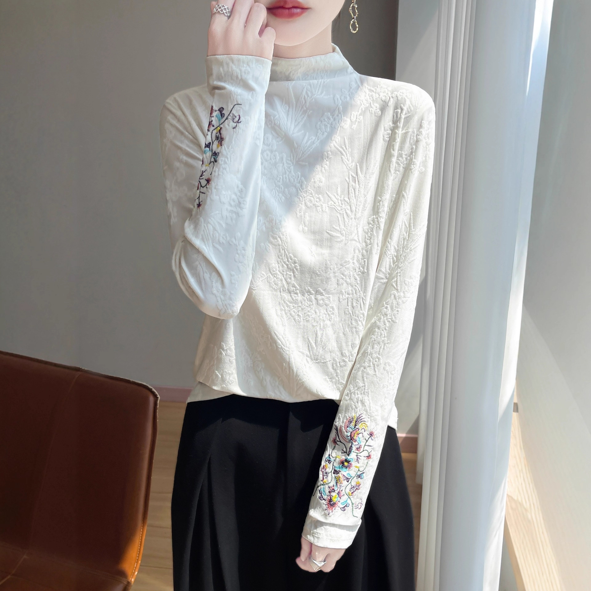 Cross-border half-high collar new Chinese-style women's base shirt for autumn and winter, retro casual heavy embroidery ethnic style long sleeve