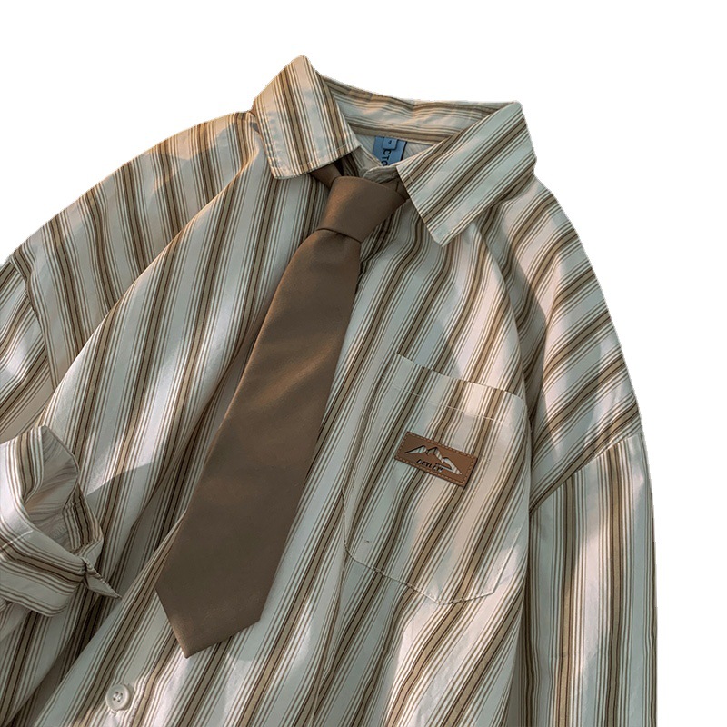 Camisa a rayas de manga larga para hombre primavera nueva camisa cityboy retro japonesa marca de moda de alta gama Pu guapo abrigo