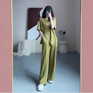 [in stock] Short Sleeve Knitted Leisure suit Summer Slight Fat mm Age-reducing plus size Women's Straight Leg Pants Two-piece 5014