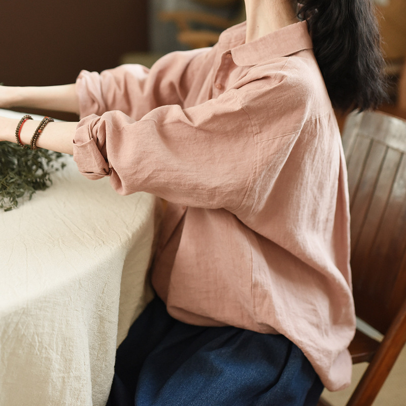 New Summer Shirts |   Such to Encounter |   Peter Pan Collar Ribbed Linen Loose Shirt 24182