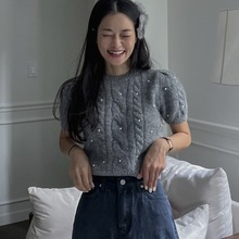 韩国2024早春季新款韩系感时尚钉珠短袖毛衣女百搭针织上衣