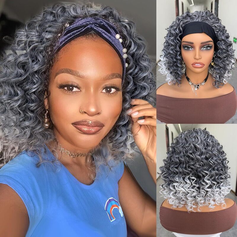 Women Short Curly Grey Wig,Curly Ombre Grey Wig Synthetic Heat Resistant Hair for Daily Use