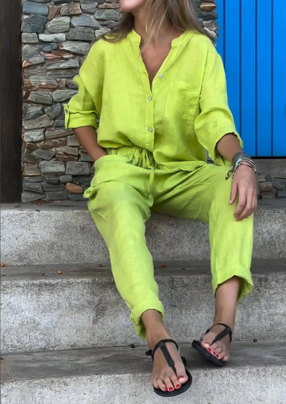 Women's Clothing 2024 Summer New Women's 2 piece Set Large Size Cotton and Linen Shirt Set High Waist Loose Trousers_voghion.com