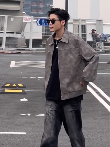 Cleanfit Gray Short-Length Leather Jacket American Grit Stylish High-End Men's Clothing Retro Collar Motorcycle Leather Jacket