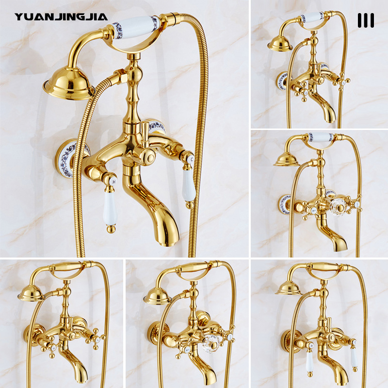 Cross-Border Golden French Retro Simple Shower Set Household Double Handle Wall-Mounted Bathtub Faucet Shower Set Cross-Border Golden French Retro Simple Shower Set Household Double Handle Wall-Mounted Bathtub Faucet Shower Set