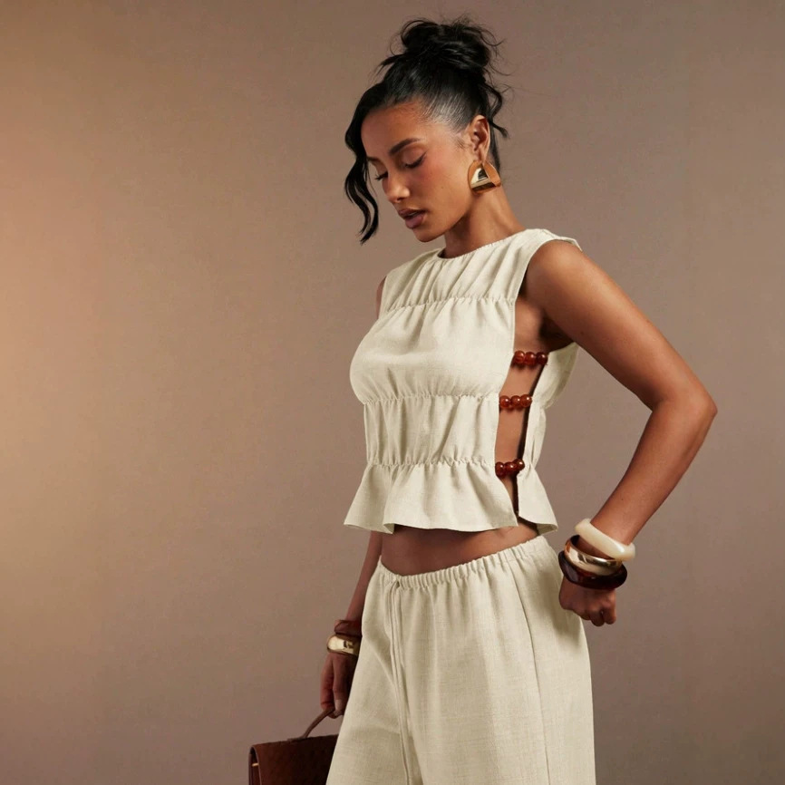 Women's Spring Solid Color Two Piece Set Retro Long Pants Vest Outfit_voghion.com