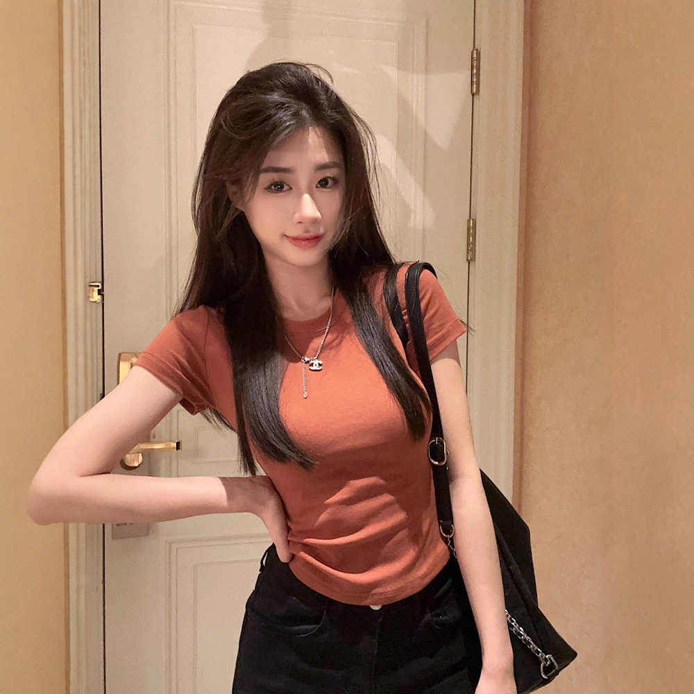 여성 무지 슬림핏 라운드넥 크롭 반팔 티셔츠 여름 데일리 이너