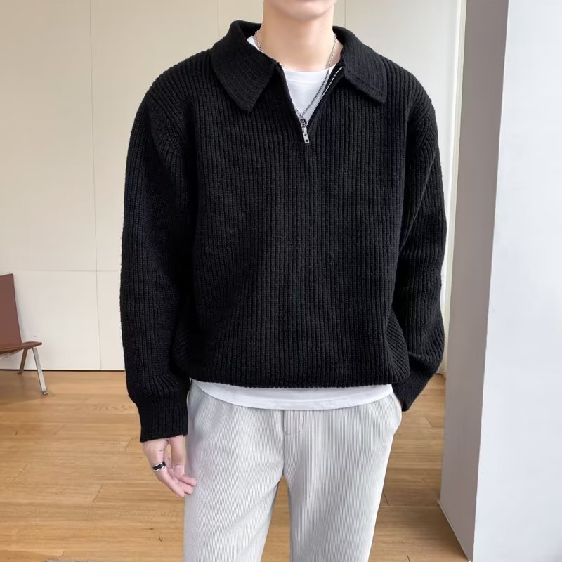Retro coreano chic otoño e invierno estilo perezoso cuello POLO hilo suelto casual suéter de punto de manga larga para hombre