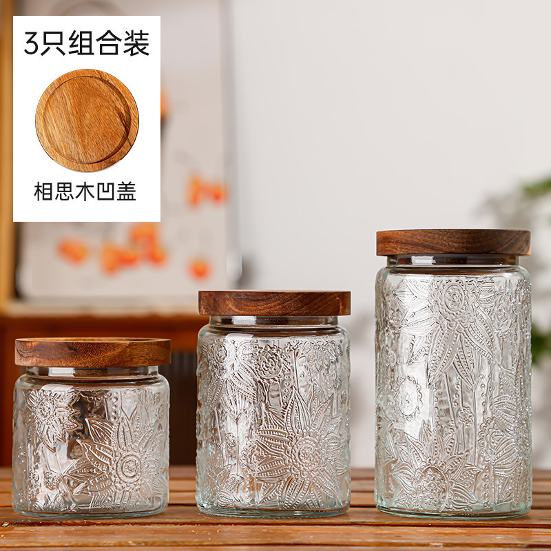 Hogar vintage Begonia flor realzada snack caramelo almacenamiento tarro bambú cubierta americana cocina transparente vidrio sellado frasco