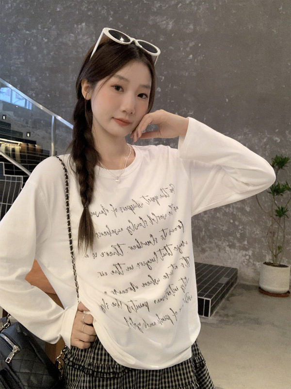 纯欲白色圆领休闲字母印花长袖T恤女2025秋季新款宽松慵懒风上衣|undefined
