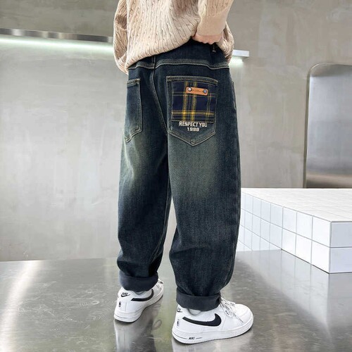 Genius Whale Boys' Fleece Denim Pants Autumn/Winter Outfit Cool Boy Straight Leg Pants Spring/Autumn Children Loose Long Pants Trendy